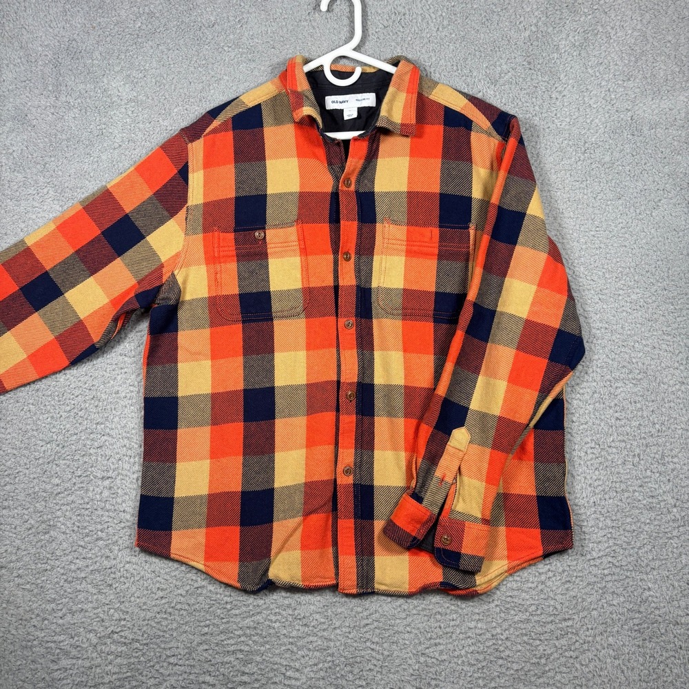 Old Navy Shirt Mens XL Orange Plaid Flannel Regular Fit Long Sleeve Button Down
